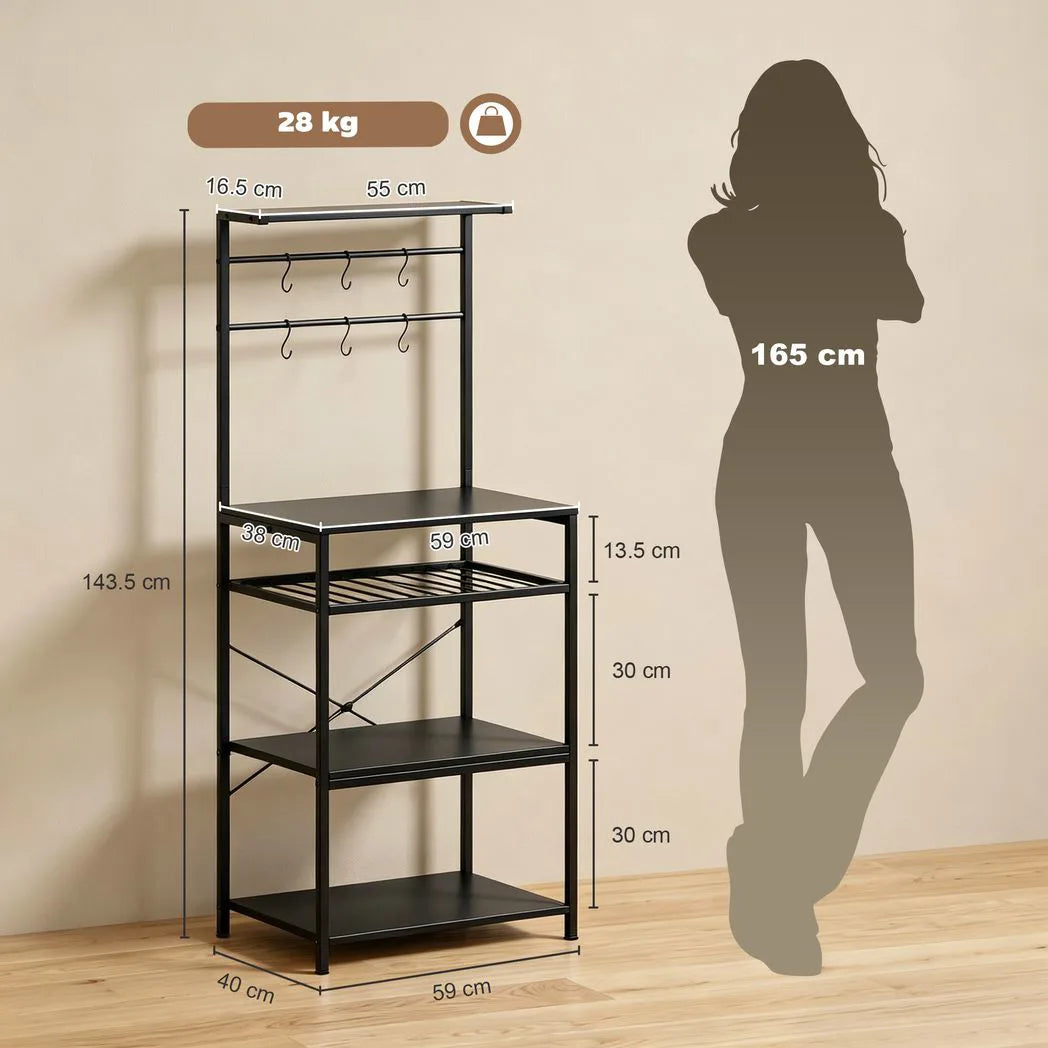 HOMCOM Freestanding Industrial Shelving Unit with 6 Hooks and Wine Rack – Living Room, Home Office Storage, Black