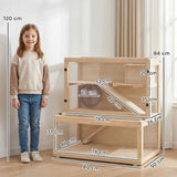 PawHut Wooden Hamster Cage with Hut, Wheel, Ramps and Removable Viewing Panels, 80 x 50 x 84 cm, Natural