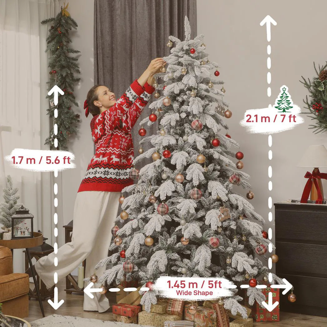 HOMCOM 7ft Super Flocked Christmas Tree with 1866 Branches – Full-Bodied Snowy Artificial Tree, Green and White
