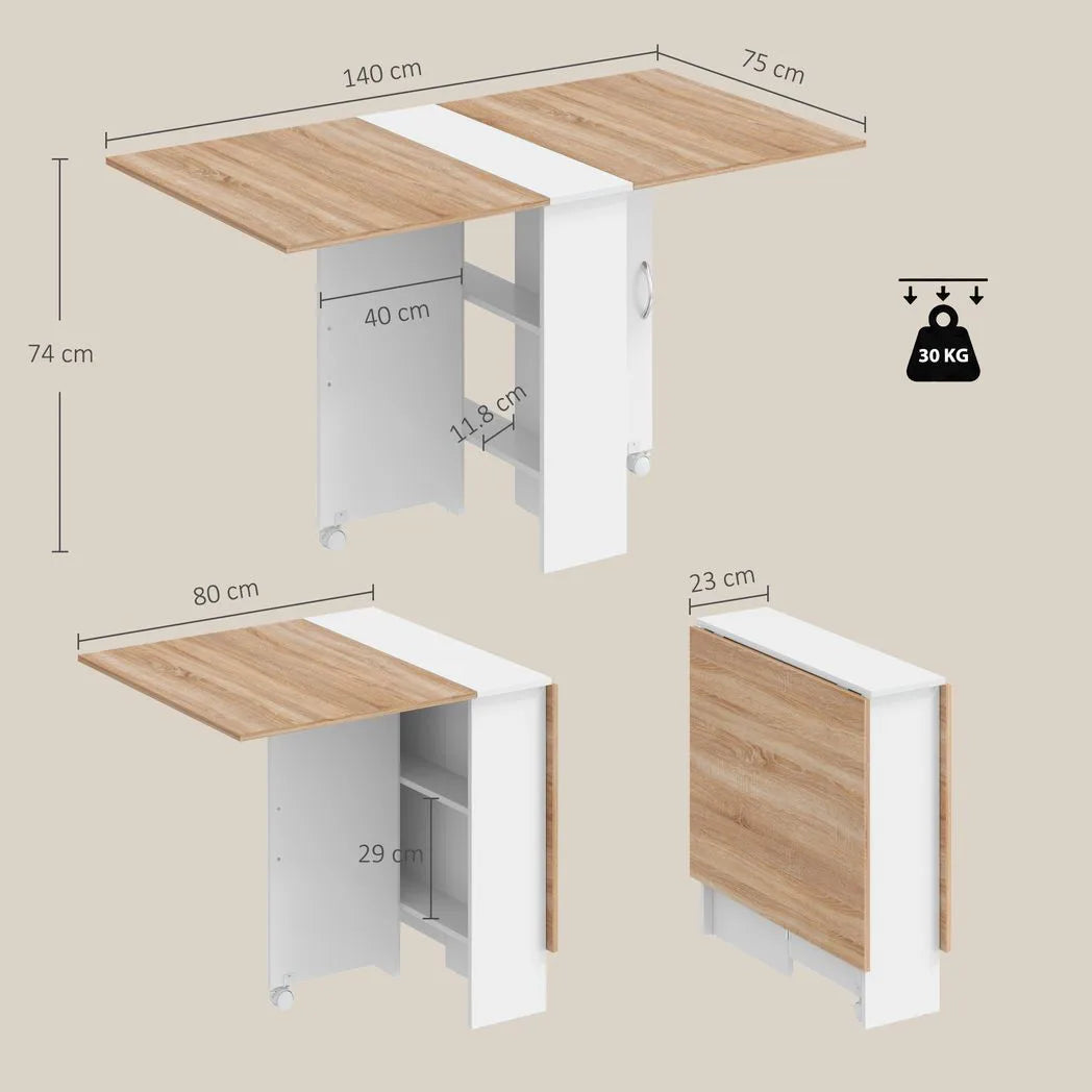 HOMCOM Folding Drop Leaf Dining Table with 2-Tier Shelves and Lockable Wheels – Space-Saving Table for 4, White and Natural