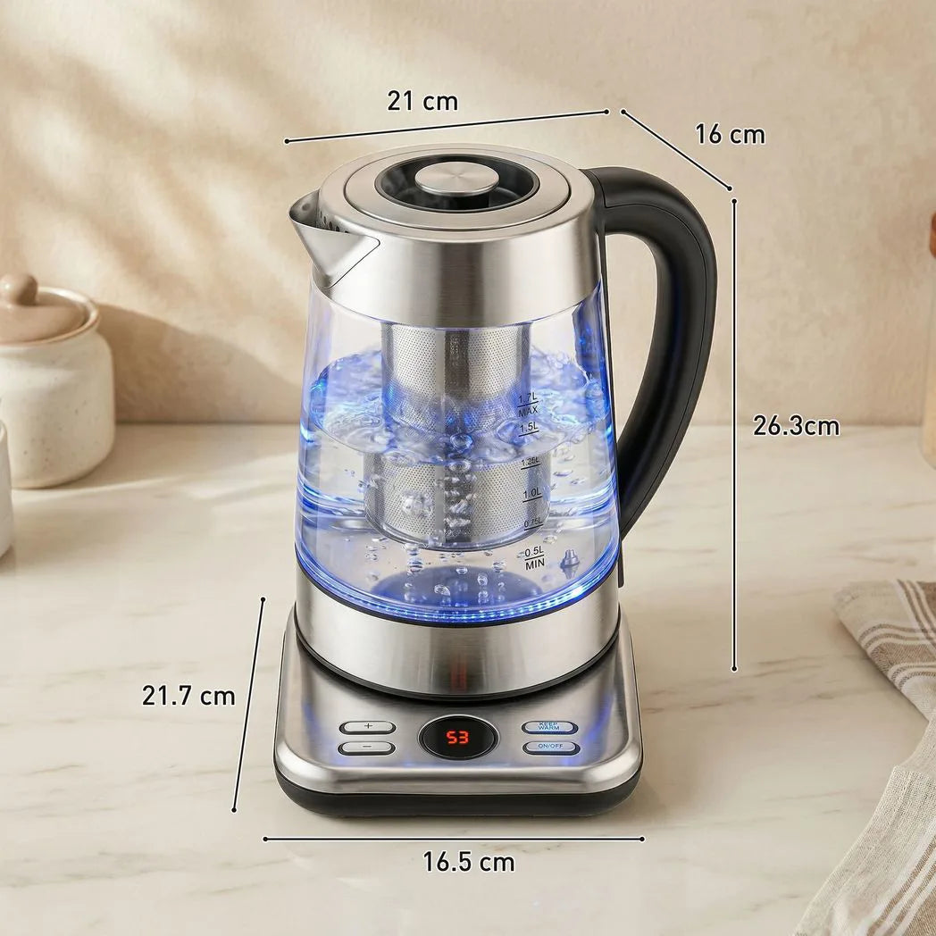 HOMCOM 1.7L Glass Electric Kettle, 3kW Fast Boil with Strix Thermostat, Tea Infuser and Keep Warm Function