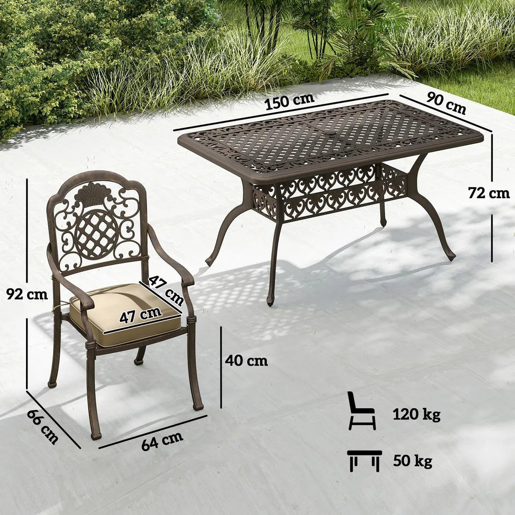 Outsunny 7-Piece Cast Aluminium Garden Dining Set for 6 with Cushions & Parasol Hole – Bronze Tone