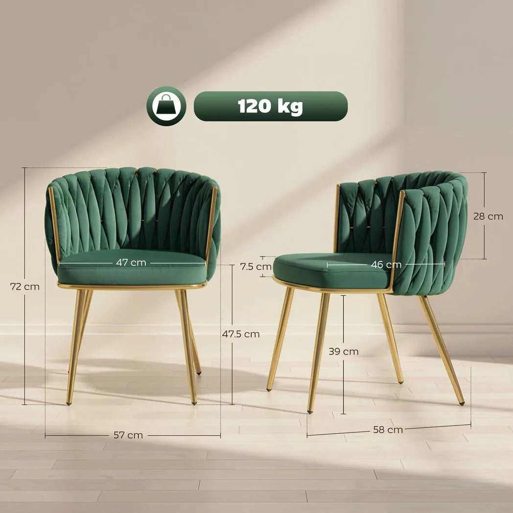 HOMCOM Set of 2 Velvet-Feel Dining Chairs with Knot Backrest and Golden Metal Legs, Dark Green
