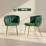 HOMCOM Set of 2 Velvet-Feel Dining Chairs with Knot Backrest and Golden Metal Legs, Dark Green