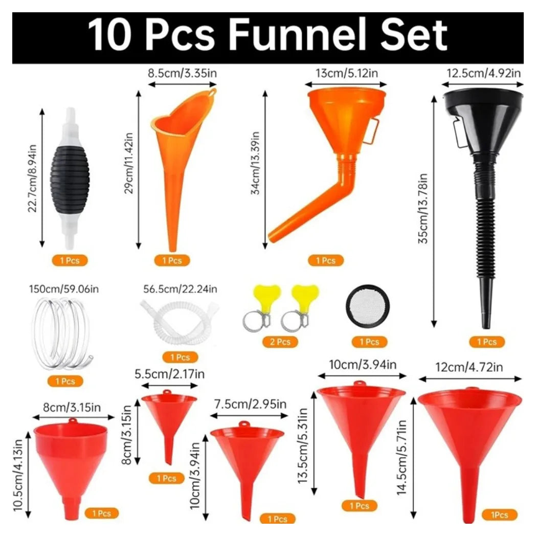 10 Piece Fuel & Oil Funnel Set – Flexible Spouts, Filters & Manual Transfer Pump