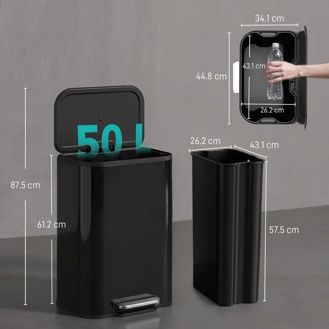 HOMCOM 50L Kitchen Bin with Soft Close Stay-Open Lid & Removable Inner Bucket – Metal Pedal Rubbish Bin, Black