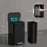 HOMCOM 50L Kitchen Bin with Soft Close Stay-Open Lid & Removable Inner Bucket – Metal Pedal Rubbish Bin, Black