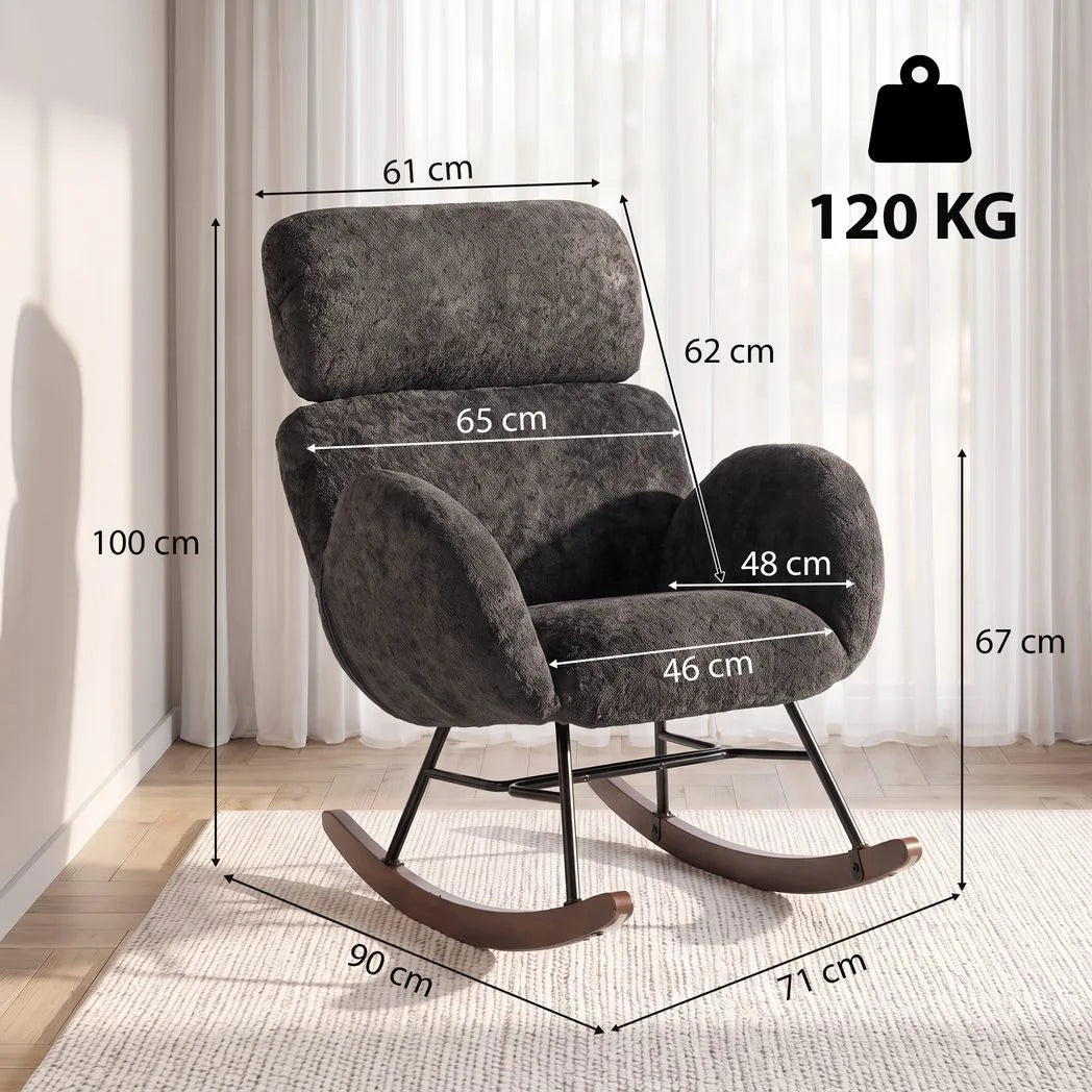 HOMCOM Upholstered Rocking Chair with Adjustable Headrest – Raindrop Velvet Rocker, Rubberwood Legs, Dark Grey