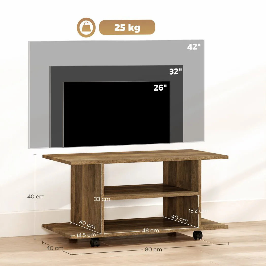 HOMCOM Modern Mobile TV Cabinet with Storage Shelves and 4 Casters, Bedroom Bookcase Unit – Walnut