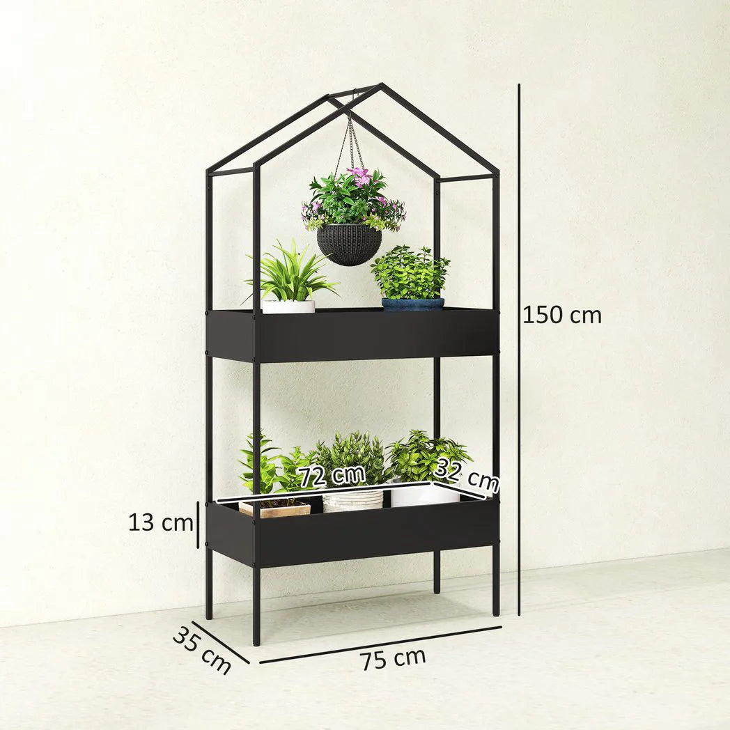 Outsunny 2 Tier Metal Plant Stand with Hanging Hook, House-Shaped Indoor Outdoor Display Rack, Black