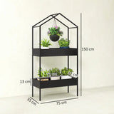 Outsunny 2 Tier Metal Plant Stand with Hanging Hook, House-Shaped Indoor Outdoor Display Rack, Black