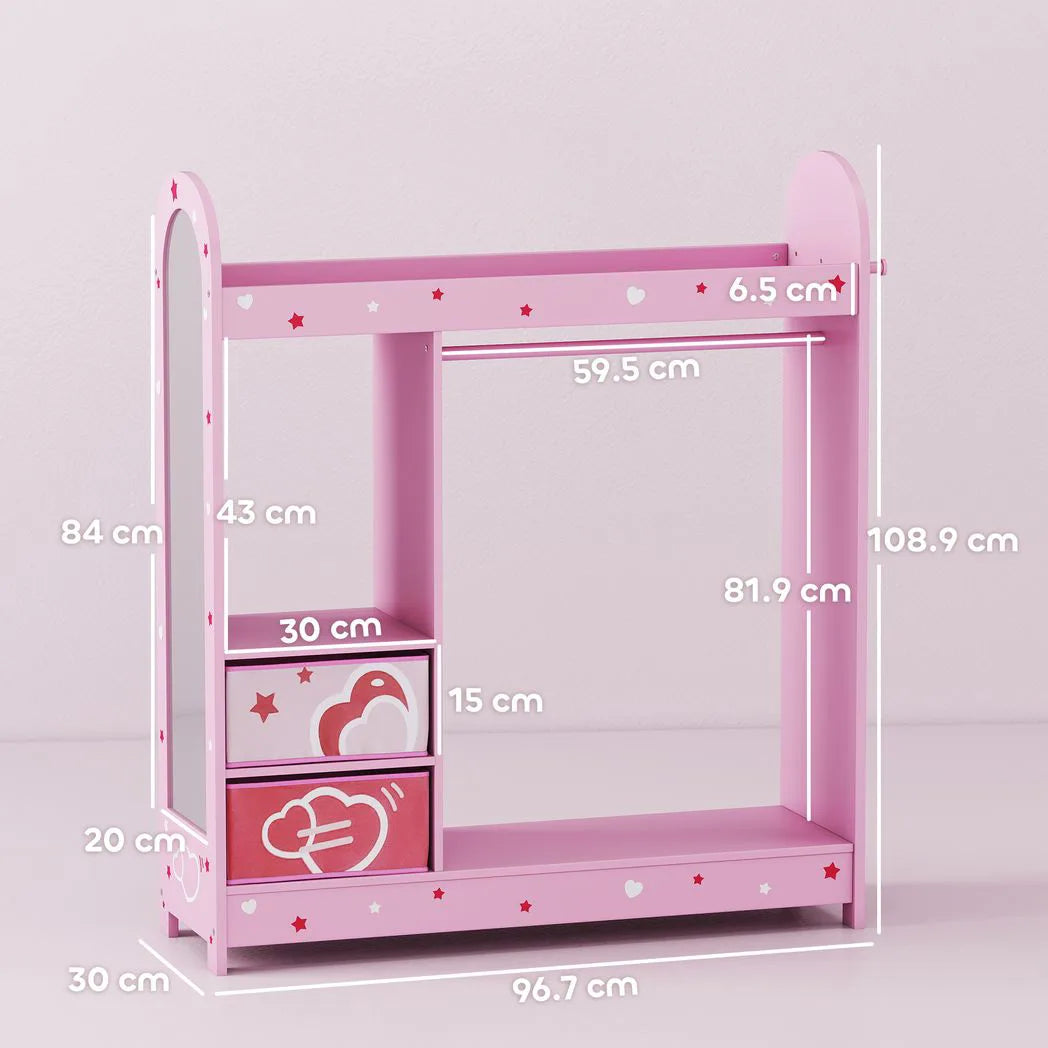 AIYAPLAY Kids Clothes Rail Wardrobe with Mirror, Shelves, Fabric Storage Boxes and Hooks – Bedroom and Nursery Storage, Pink
