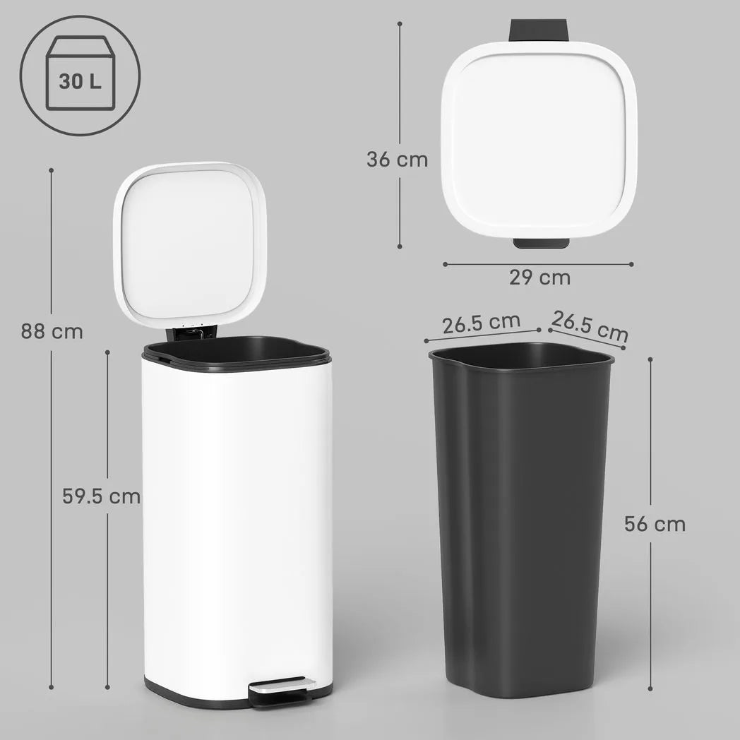 HOMCOM 30L Kitchen Pedal Bin with Soft-Close Lid – Compact Rubbish Bin with Removable Bucket, White