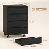 HOMCOM Four-Drawer Office Filing Cabinet with Wheels and Anti-Tipping Straps – Under Desk Storage, Black
