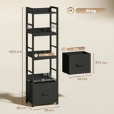 HOMCOM 4-Tier Narrow Bookshelf with Drawer, 8 Hooks and Metal Frame – Slim Bookcase, Black