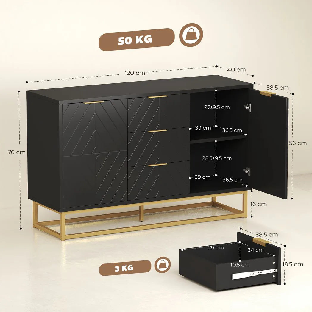 HOMCOM Sideboard with 3 Drawers, 2-Door Cabinet and Adjustable Shelves, Gold-Tone Base, Black