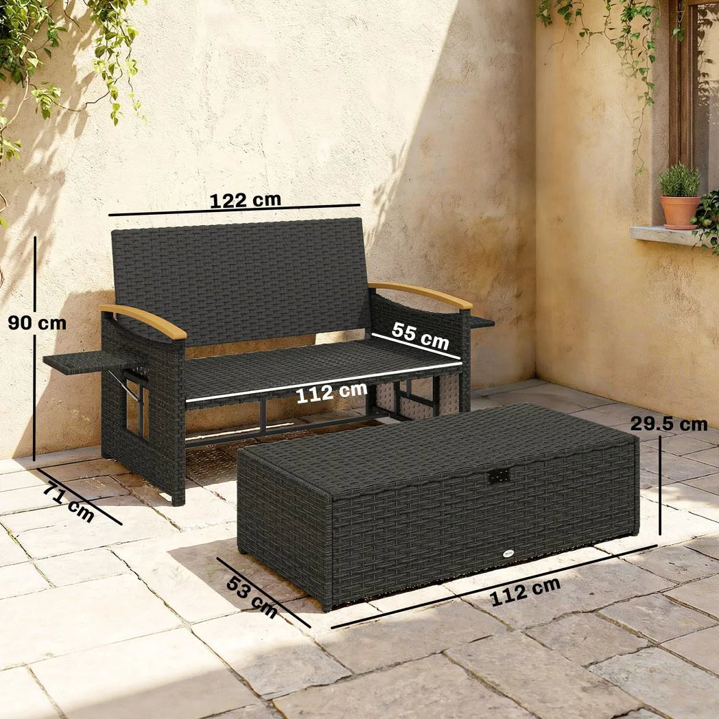 Outsunny Double Rattan Garden Daybed with Storage Ottoman – 3-in-1 Sun Lounger with Adjustable Backrest and Side Tables, Brown
