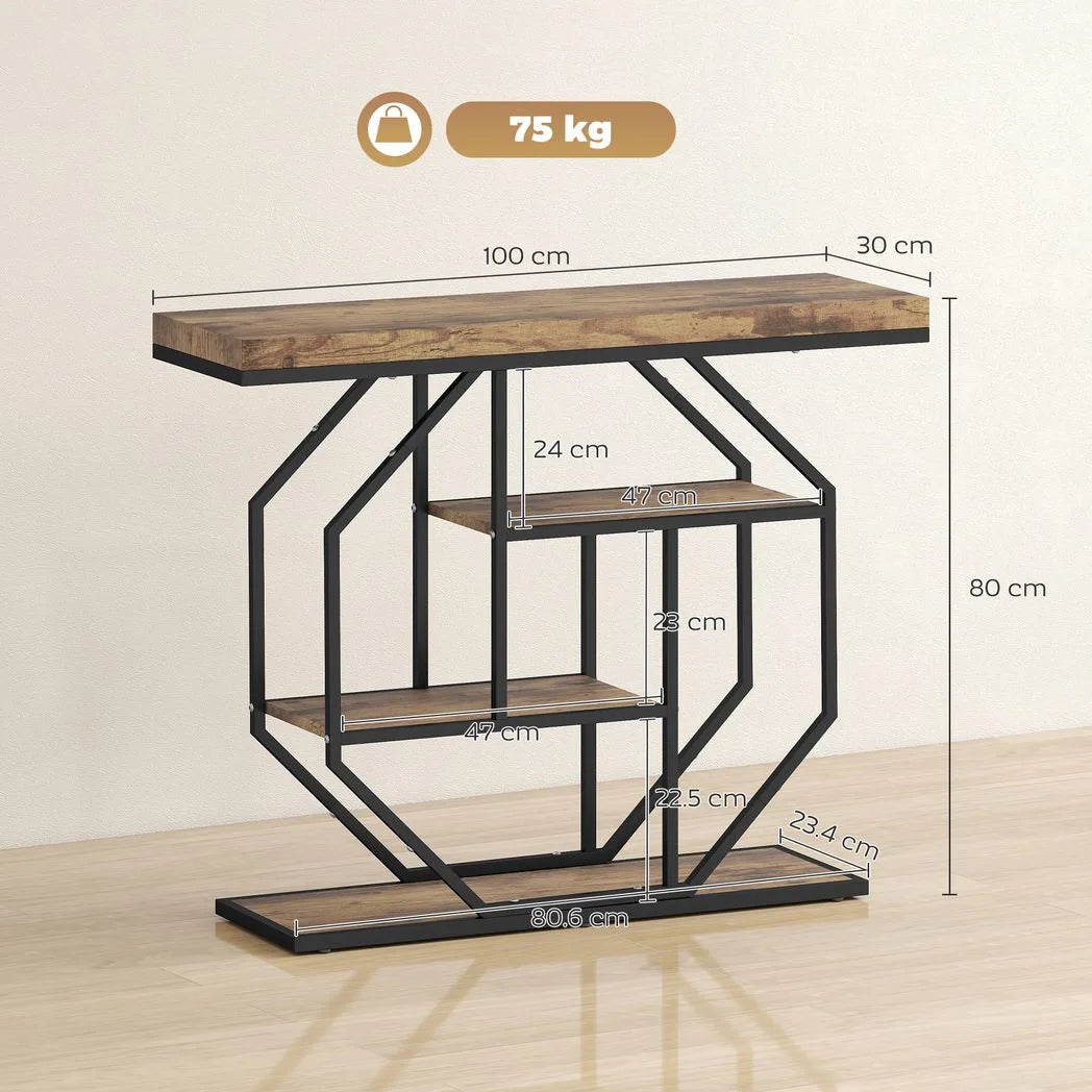 HOMCOM 4-Tier Industrial Console Table with Metal Frame – Entryway Hall Table, Rustic Brown
