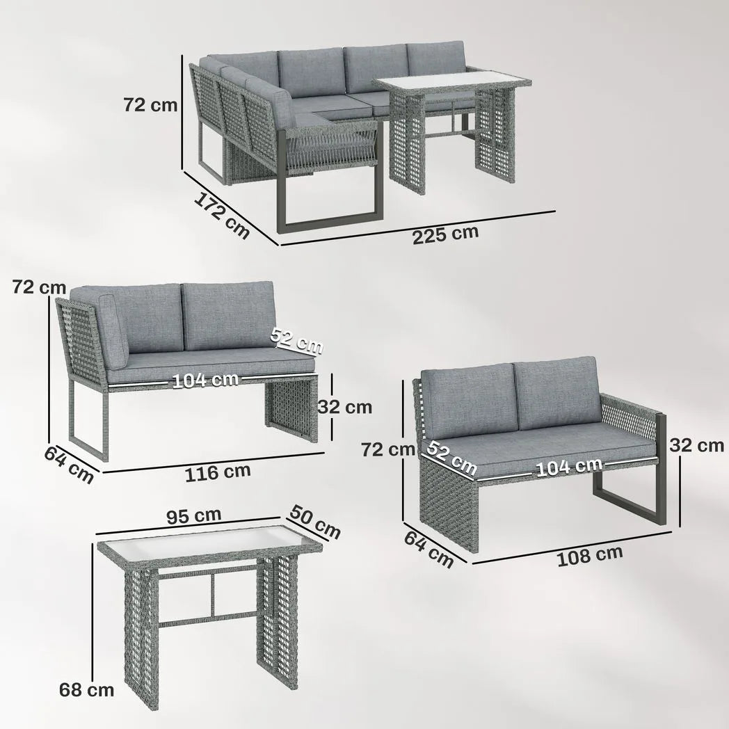 Outsunny 6 Seater Rattan Garden Furniture Set with 3 Loveseats and Glass Table – Modular Corner Sofa, Grey
