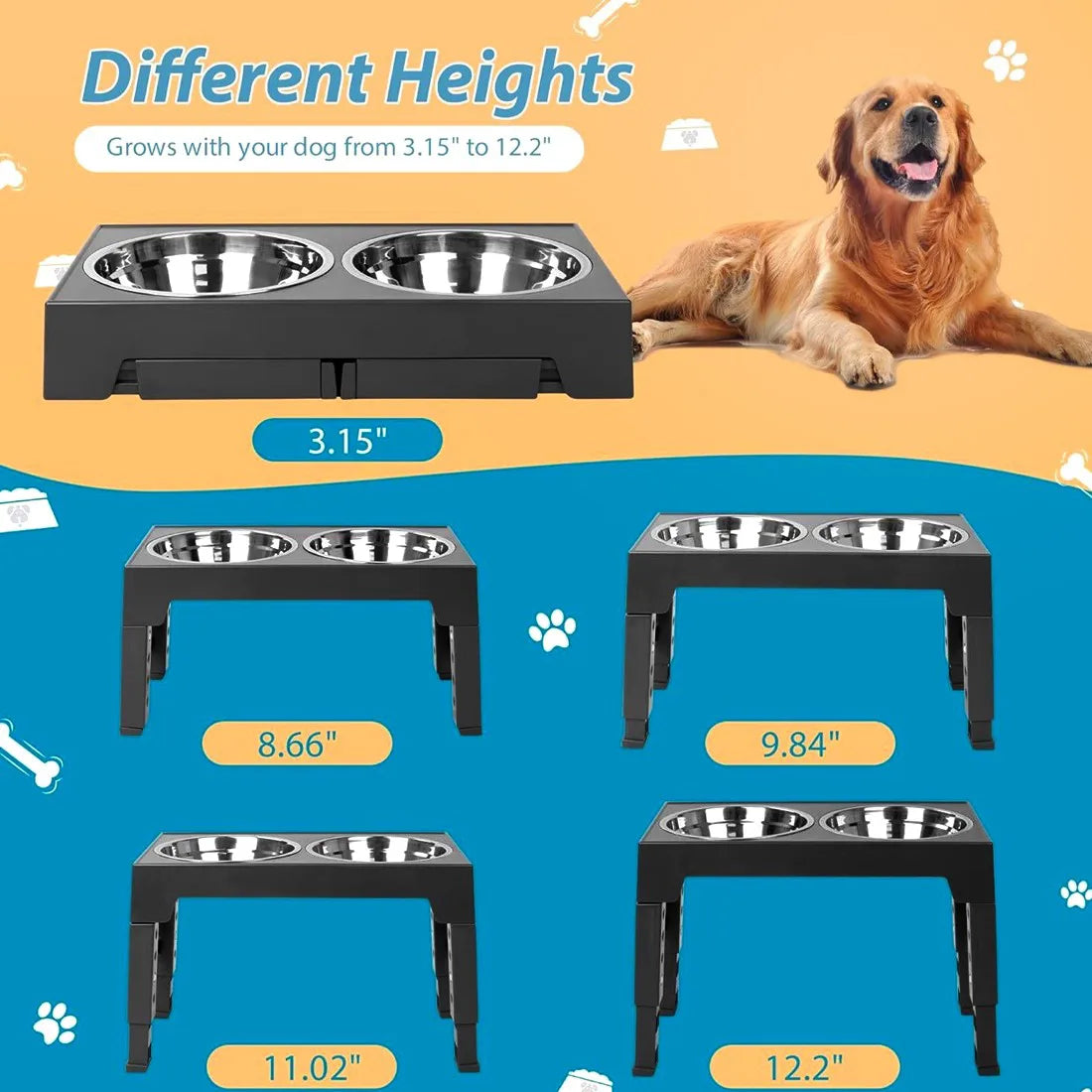 Large Dog Raised Double Bowl Feeding Station with Stainless Steel Bowls – 5 Height Settings, Foldable Legs, Black