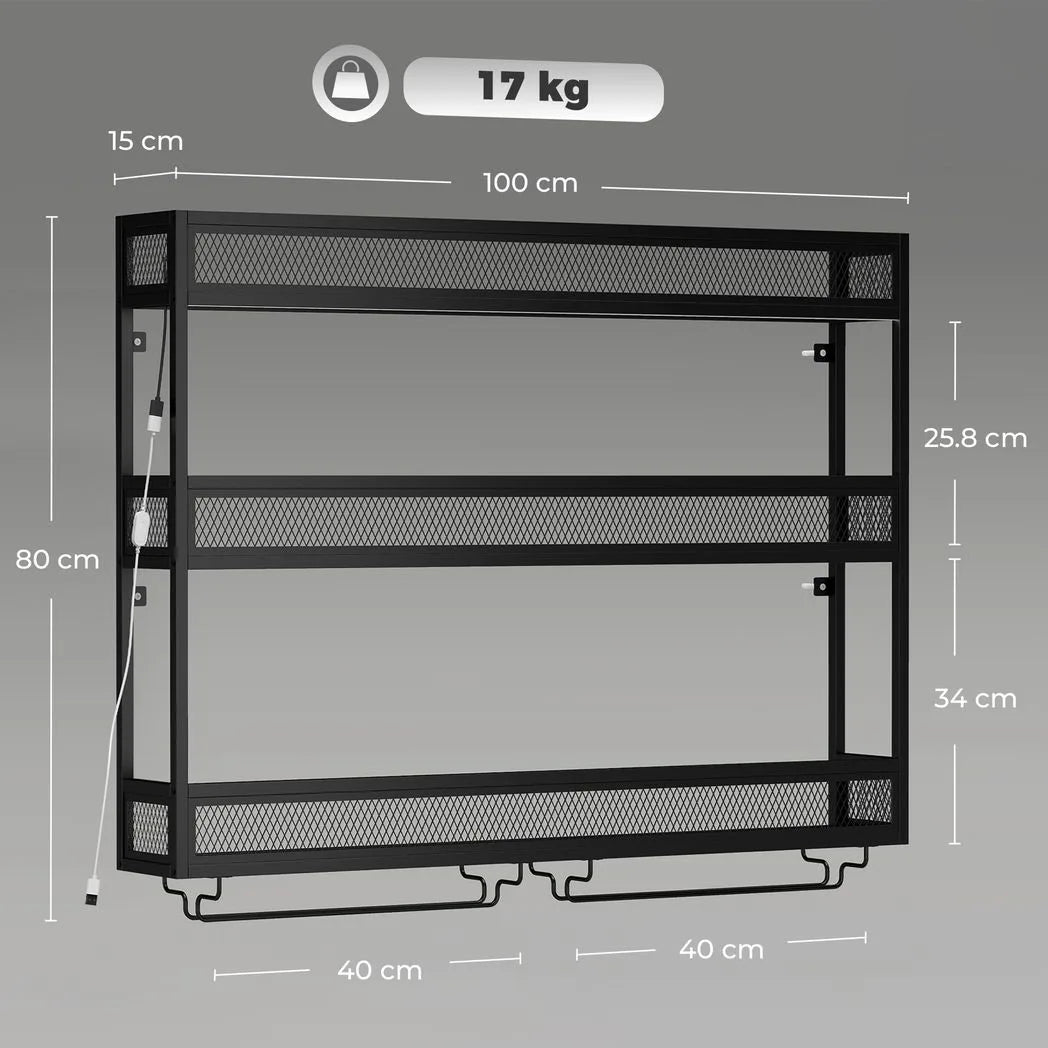 HOMCOM Wall-Mounted Wine Rack with LED Lights, Glass Holders and Open Shelf – Black Metal Rack for 36 Bottles