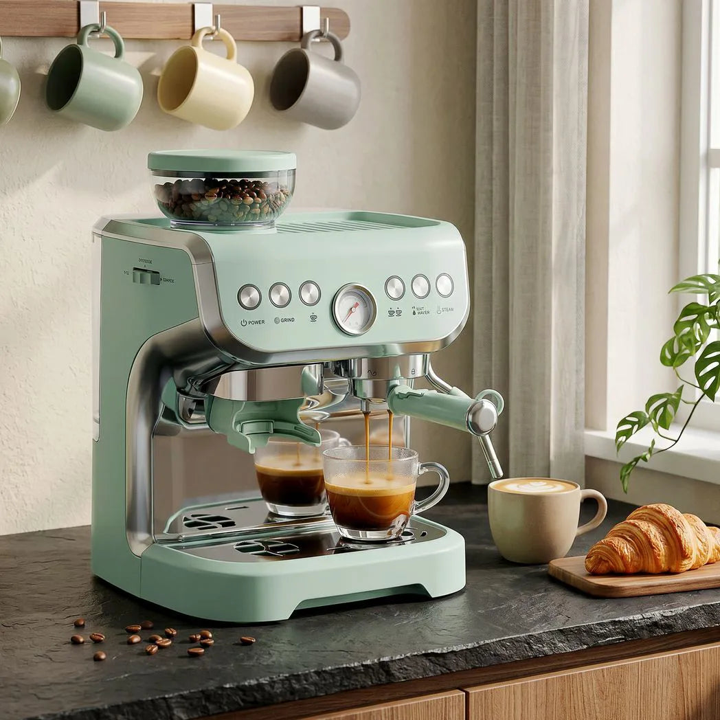 HOMCOM 15 Bar Espresso Machine with Adjustable Grinder, Steam Wand and 2L Tank – Semi-Automatic, Light Green
