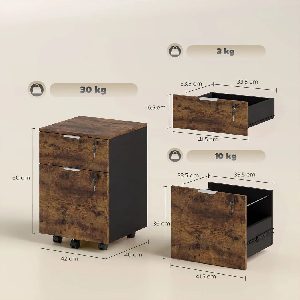 HOMCOM Two-Drawer Lockable Filing Cabinet on Wheels – Under Desk Office Storage, Black and Brown