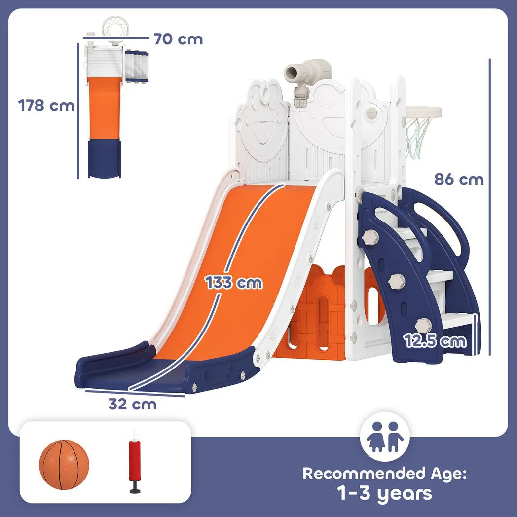 AIYAPLAY 5 in 1 Kids Slide Set with Basketball Hoop, Climbing Frame, Telescope & Storage Box – Toddlers 1-3