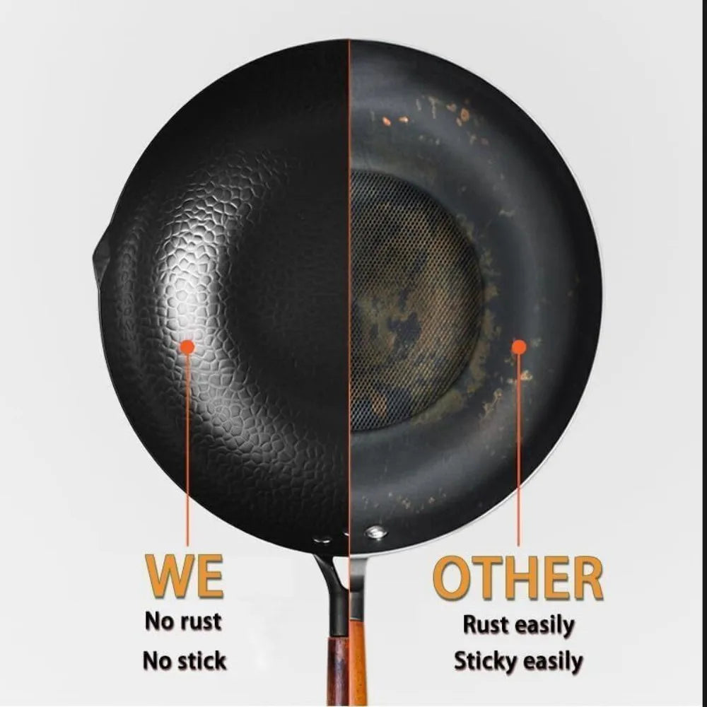 32cm Pure Iron Wok with Wooden Lid – Uncoated Cast Iron Stir-Fry Pan for Gas and Induction Hobs