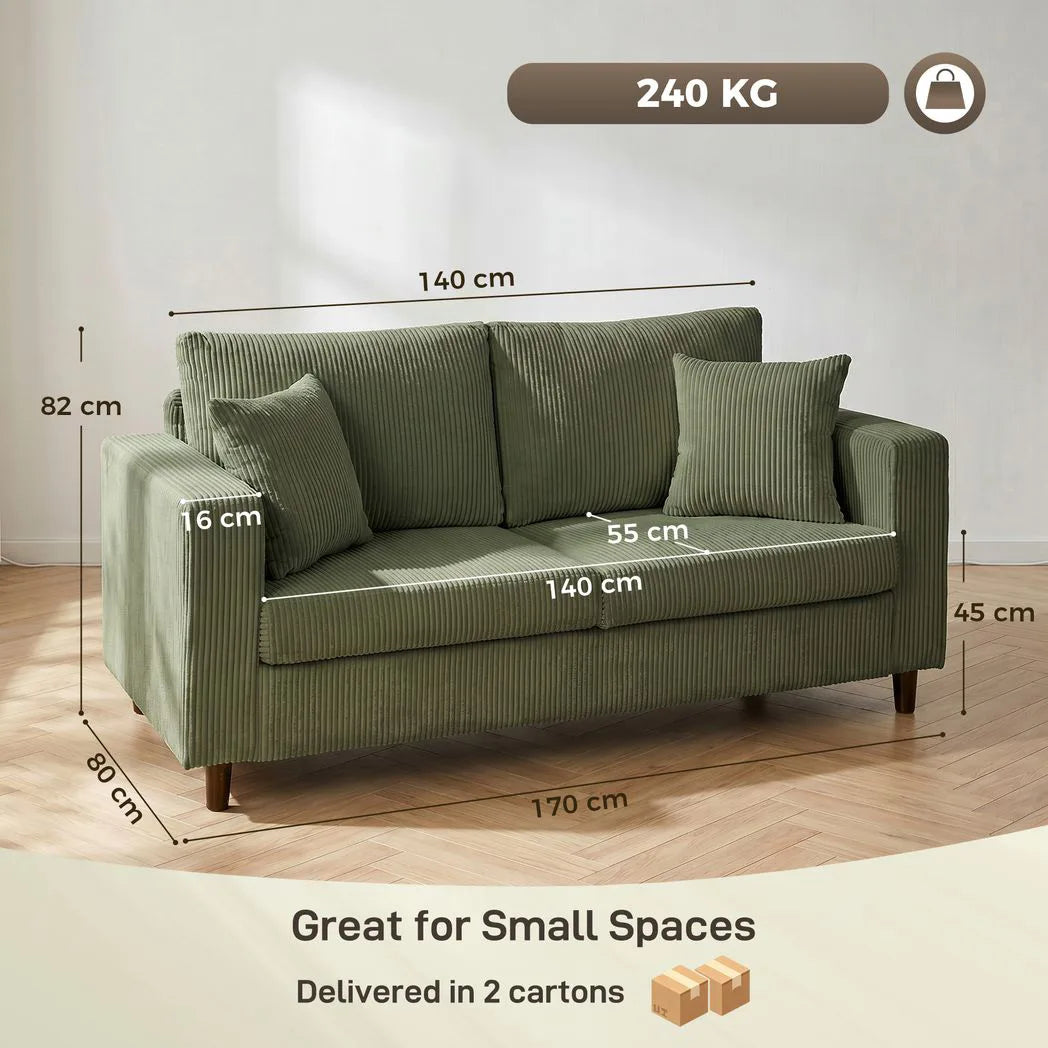 HOMCOM Corduroy 2 Seater Sofa with Wide Seat and Pocket Spring Cushions – Loveseat Couch, Green