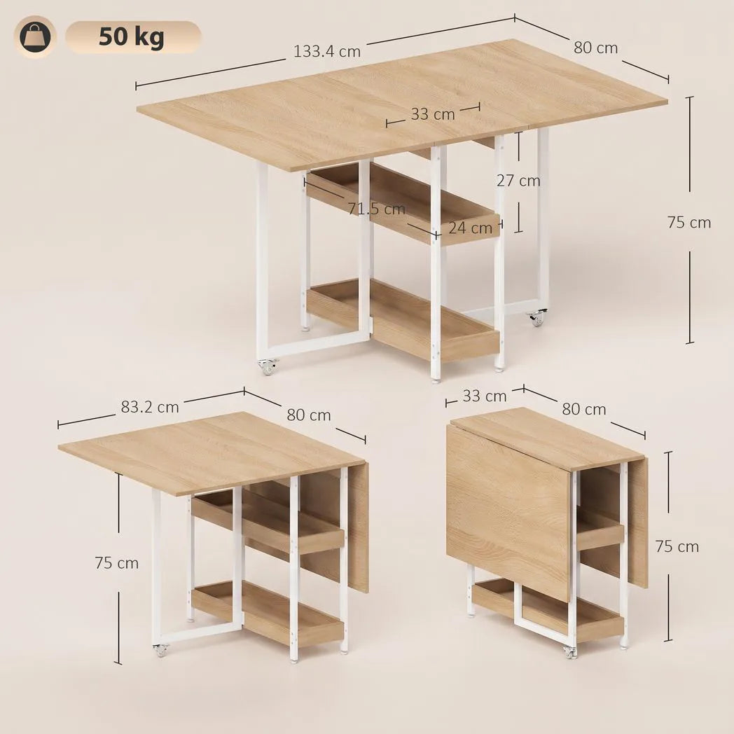 HOMCOM Four-Person Drop Leaf Dining Table with 2 Shelves and Wheels – Space-Saving, Wood-Effect