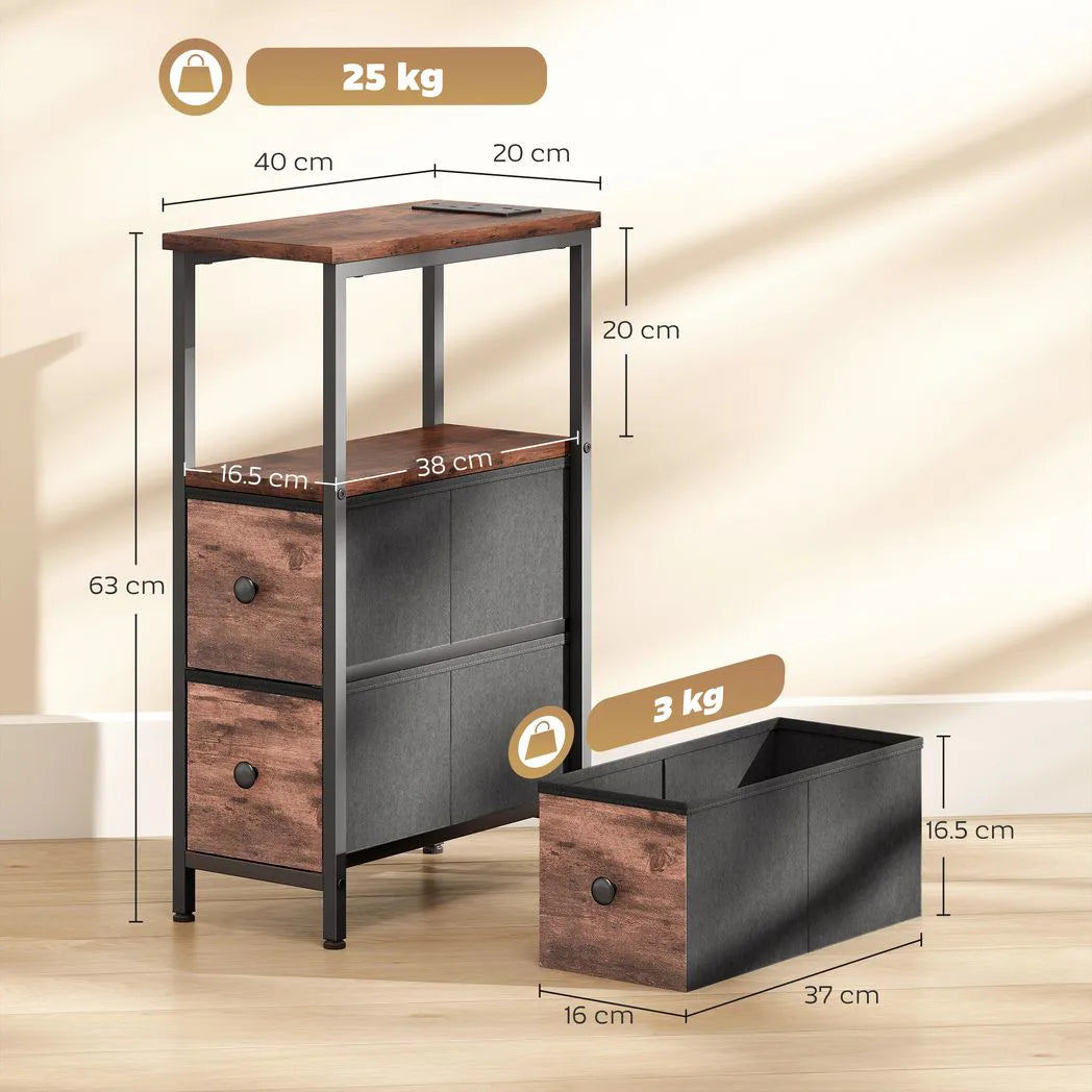 HOMCOM Narrow Bedside Table with Charging Station, 2 Fabric Drawers, AC Outlet and USB Ports, Industrial