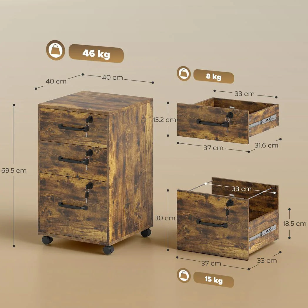 HOMCOM Three-Drawer Wood-Effect Filing Cabinet with Locks and Wheels – Under Desk Storage, Rustic Brown