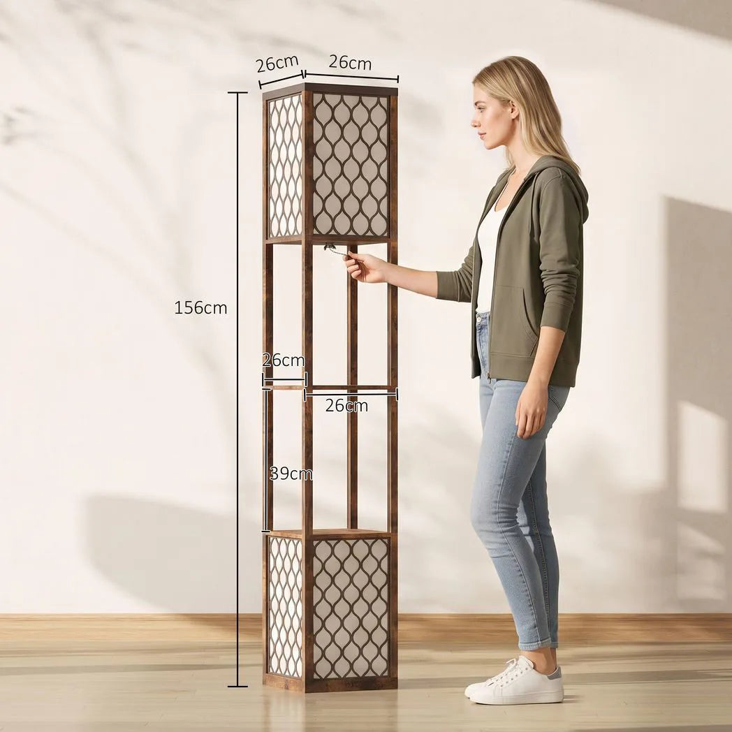 HOMCOM Duo Light Floor Lamp with 2 Storage Shelves – 160cm Standing Lamp and Display Unit, Rustic Brown