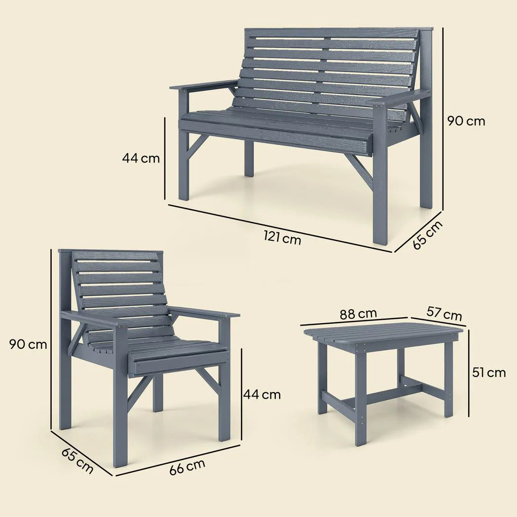 Outsunny 4 Piece Wooden Garden Sofa Set – Loveseat, Two Armchairs and Coffee Table, Embossed Solid Wood, Grey