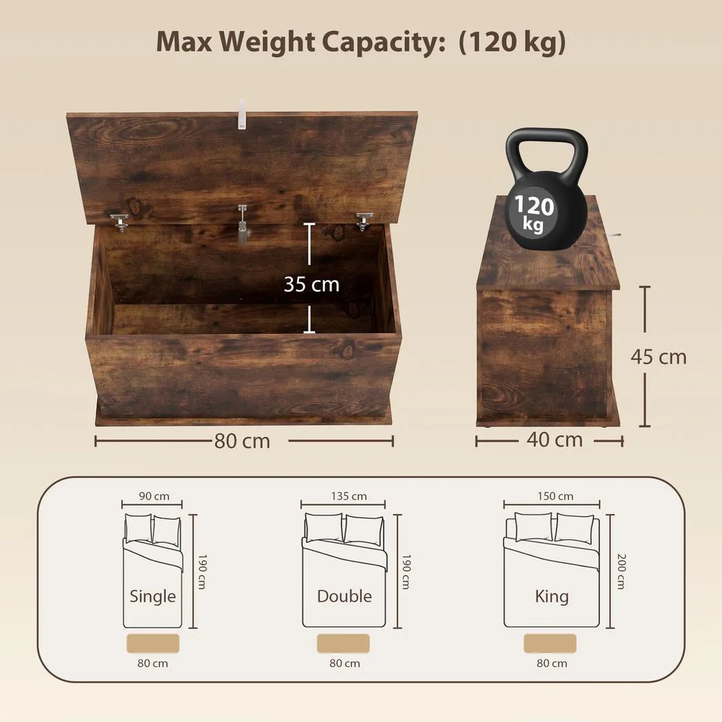HOMCOM 102L Storage Chest & Blanket Box with Safety Hinged Lid, 80 x 40 x 45 cm – Rustic Brown