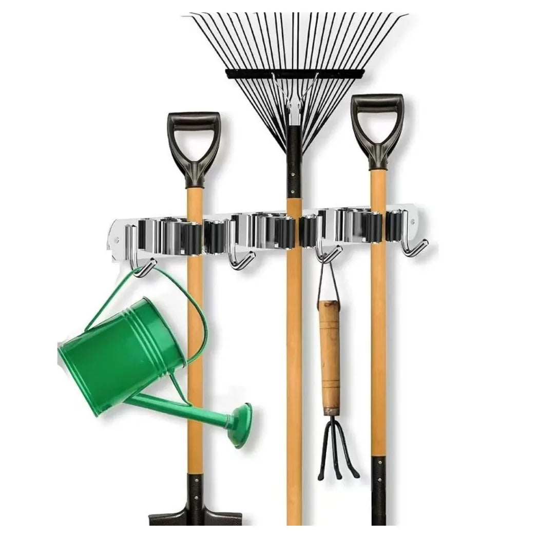 Wall-Mounted Broom & Mop Holder with 3 Slots and 4 Hooks – Stainless Steel Garage Tool Organiser, Silver