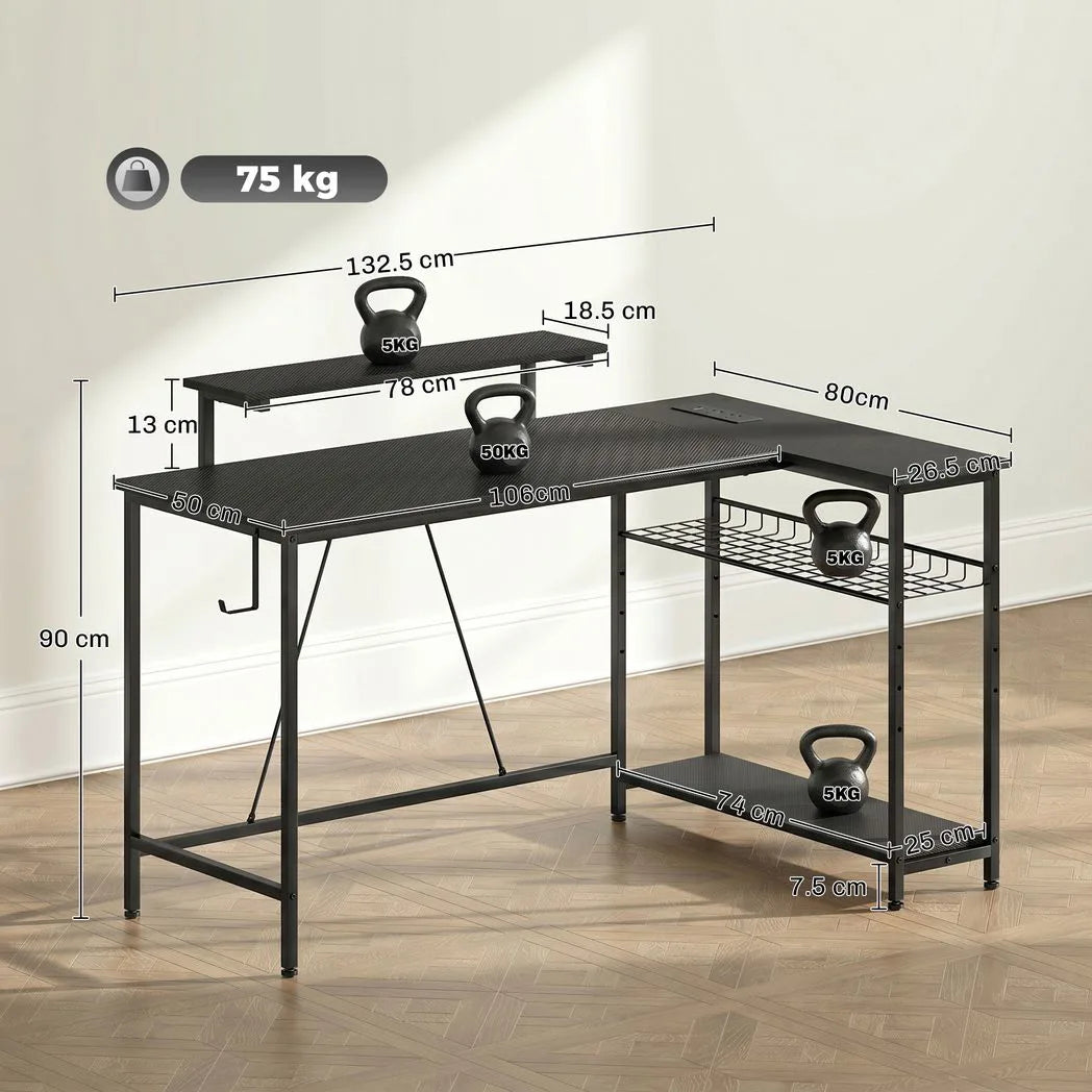 HOMCOM Reversible L-Shaped Gaming Desk with LED Lights, Monitor Stand & Power Outlets – Home Office, Black