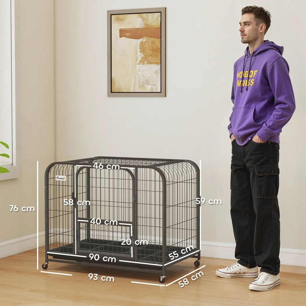 PawHut Heavy Duty Dog Crate, 93 x 58 x 76 cm – Triple Door Dog Cage with Wheels for Small to Medium Breeds