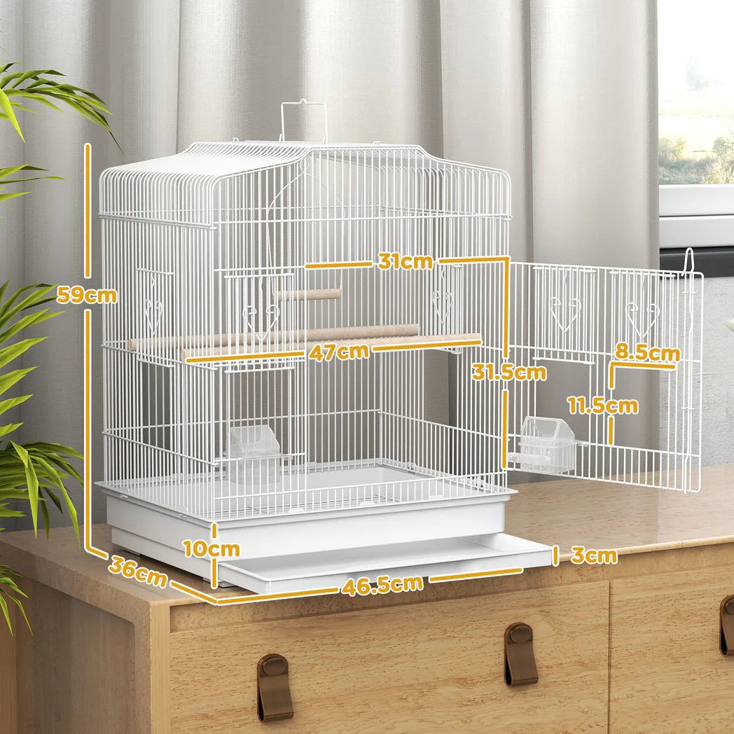PawHut Large Metal Bird Cage with Perches, Food Bowls & Swing – For Budgies, Finches & Parakeets, White
