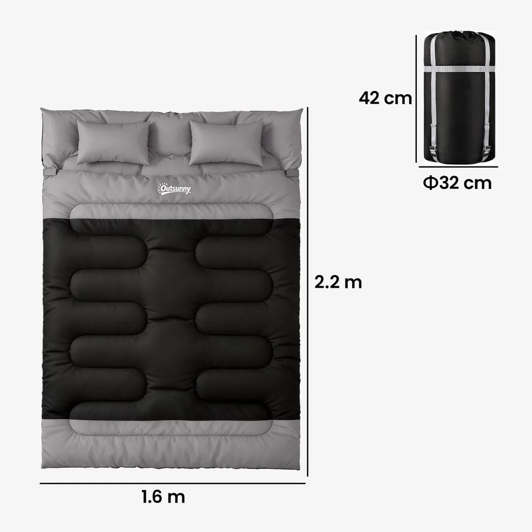 Outsunny Double Sleeping Bag with 2 Pillows, 220 x 160cm – Extra-Large Camping Bag for Adults, Black and Grey