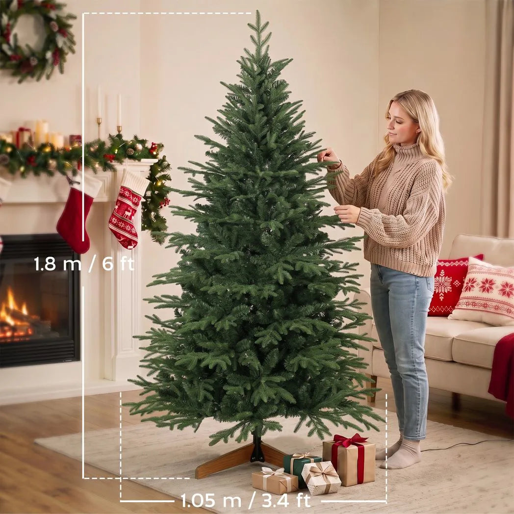 HOMCOM 6ft Artificial Christmas Tree – 180cm Hinged Xmas Tree with 2081 Tips and Solid Pine Wood Stand, Green