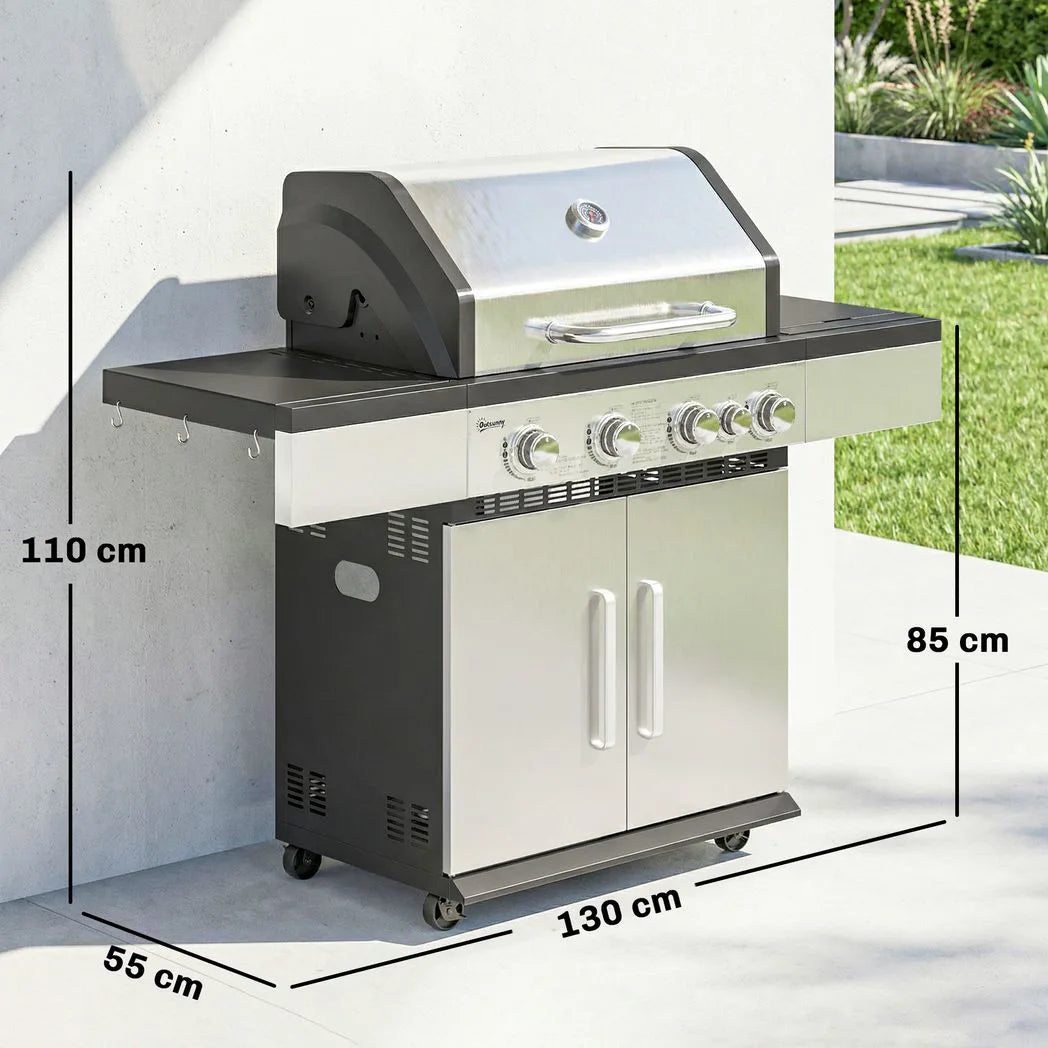 Outsunny 4 Burner Gas BBQ Grill with Side Burner, Warming Rack, Side Shelf & Storage Cabinet – Portable Propane Barbecue