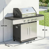 Outsunny 4 Burner Gas BBQ Grill with Side Burner, Warming Rack, Side Shelf & Storage Cabinet – Portable Propane Barbecue