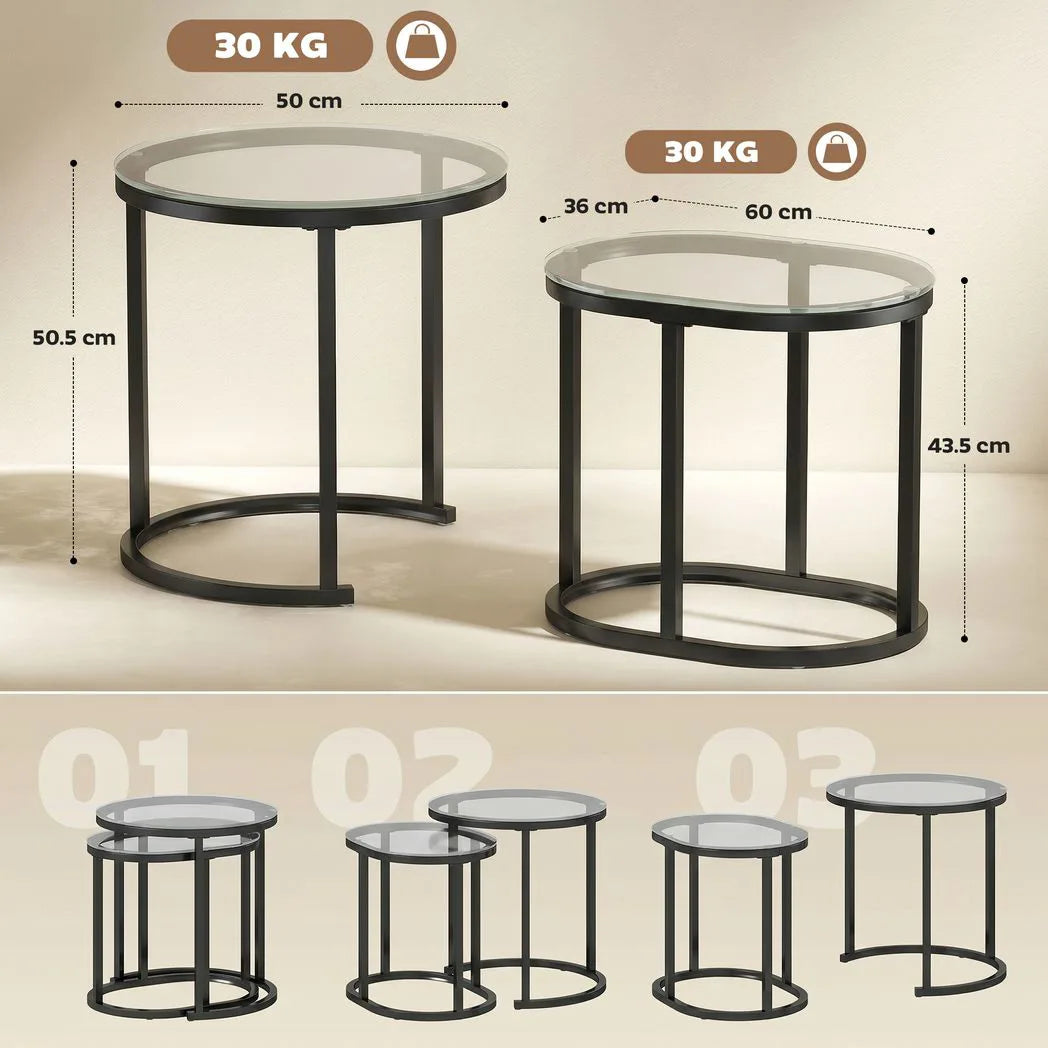 HOMCOM Nest of 2 Coffee Tables with Steel Frame and Tempered Glass Tops – Round and Oblong Side Tables, Black