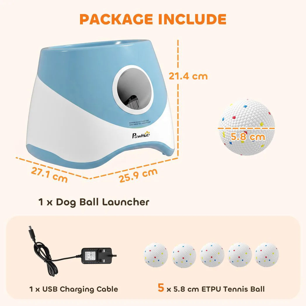 PawHut Automatic Dog Ball Launcher with 5 ETPU Balls, 6/10/14m Settings – Rechargeable Fetch Toy, Blue