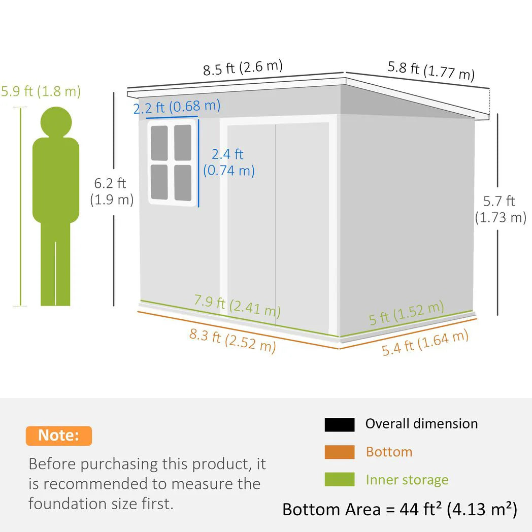 Outsunny 8.5 x 6ft Galvanised Steel Garden Shed with Foundation Kit, Window, Lockable Doors & Air Vents – Outdoor Storage, Light Grey
