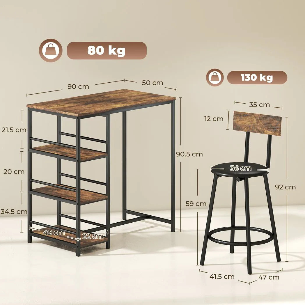 HOMCOM 3-Piece Bar Table and PU Leather Stools Set with Storage Shelves – Breakfast Bar for 2, Rustic Brown