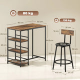 HOMCOM 3-Piece Bar Table and PU Leather Stools Set with Storage Shelves – Breakfast Bar for 2, Rustic Brown