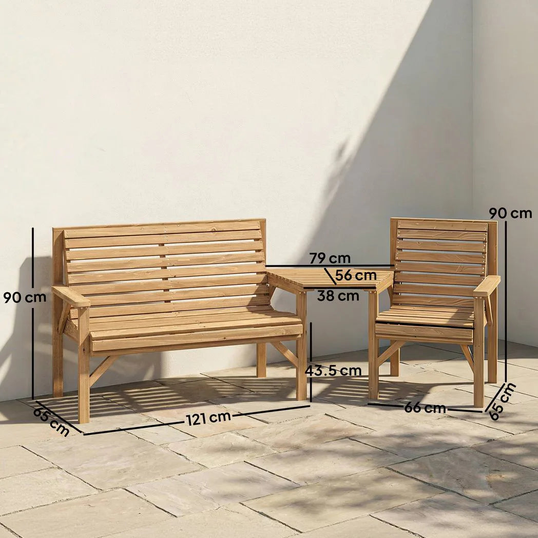 Outsunny 3-Piece Wooden Garden Furniture Set – Armchair, 2-Seater Bench and Detachable Table, Natural Wood